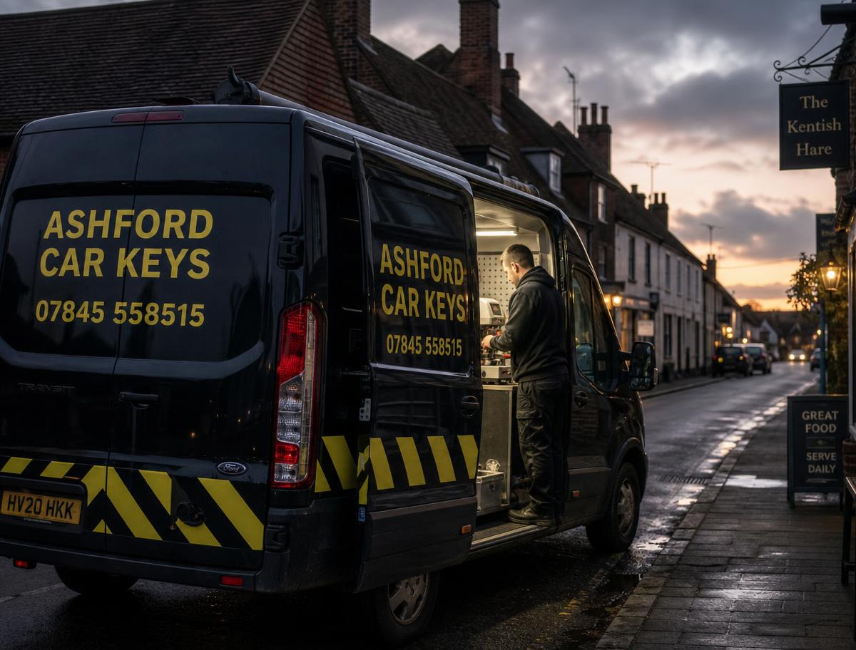 Ashford Car Keys van with a technician cutting a car key on a Tenterden street at dusk